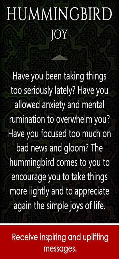 Indie Goes Oracle Cards - Una carta oráculo digital con un símbolo de colibrí y un mensaje inspirador sobre encontrar la alegría
