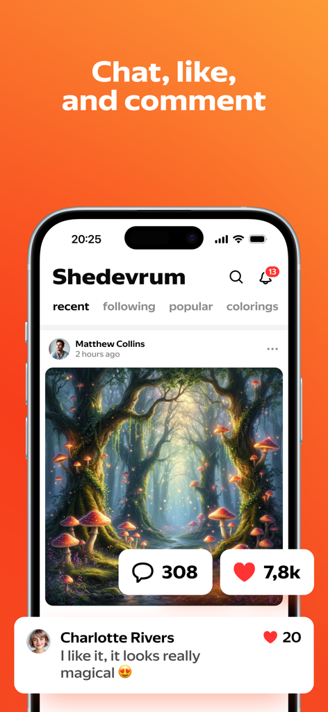 Shedevrum - Interface do aplicativo Shedevrum mostrando um feed social com uma floresta mágica gerada por IA e comentários de usuários.