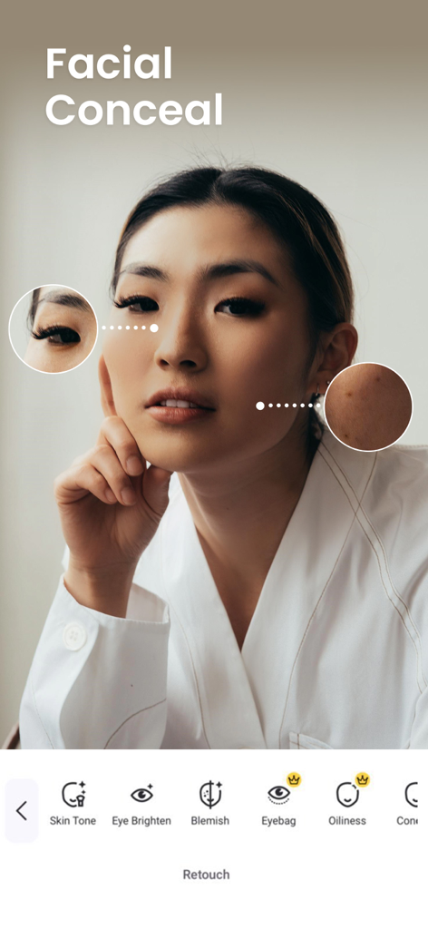 Vivid Glam Video/Photo Retouch - 写真レタッチのための顔のコンシールと肌のしみ除去ツールを実証するVivid Glamアプリのインターフェース