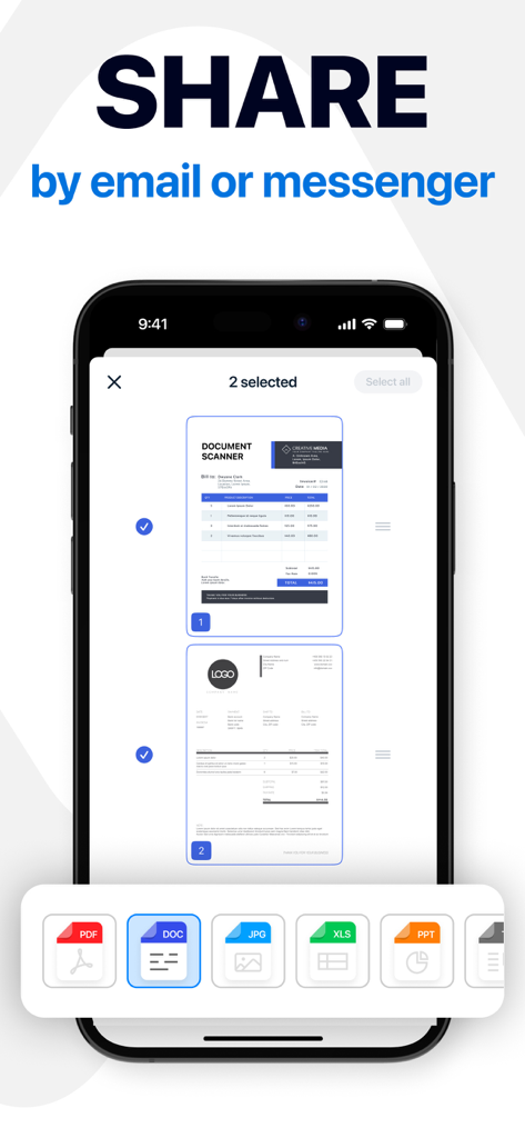 PDF Scanner - Fax, Sign & Edit - Interface d'application mobile montrant les options de partage de documents aux formats PDF, DOC et JPG