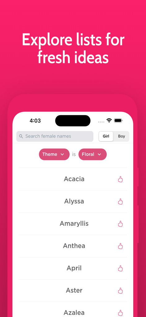Interface do aplicativo Baby Name Genius exibindo uma lista de nomes de bebês com tema floral