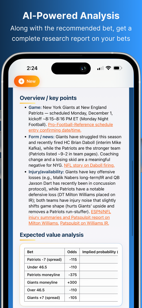 Sports Betting Research Juice - Sports betting research report featuring AI-powered game analysis and expected value data.