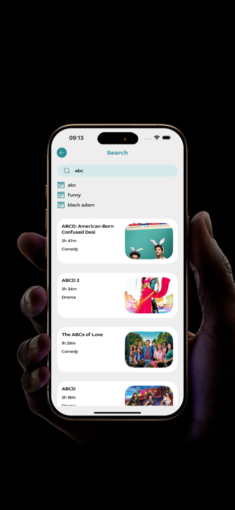 スマートフォンにタイトルとサムネイルが表示された映画の検索結果を表示するモバイルアプリインターフェース。
