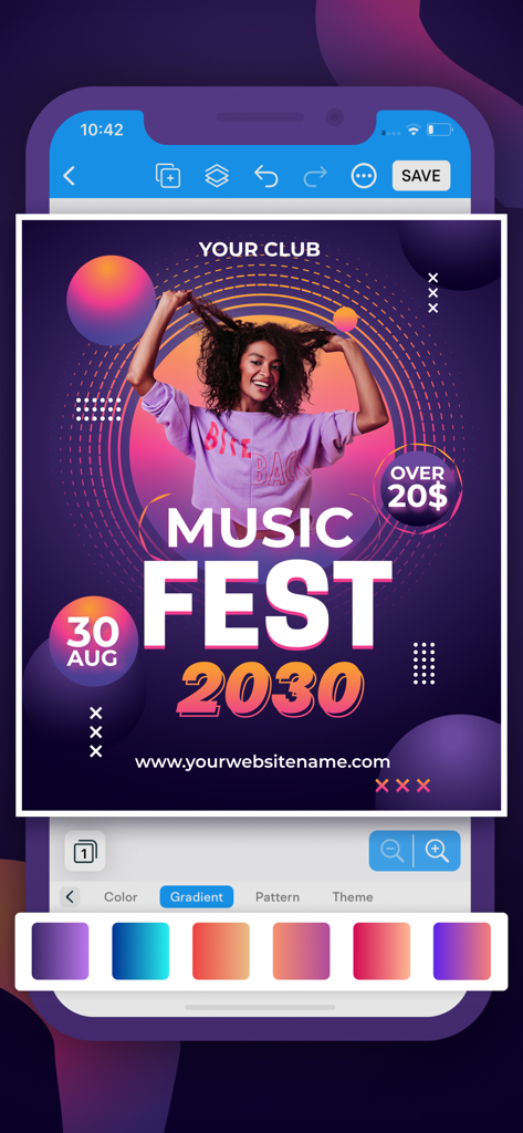 Mobile app interface for designing a music festival poster using gradient color presets