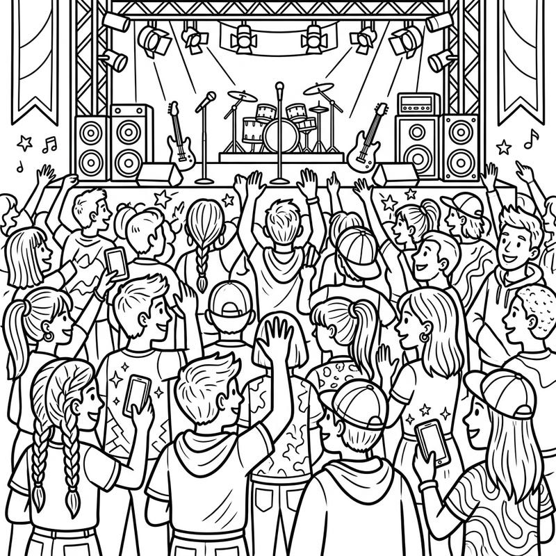 Capture the electrifying energy of a live music show with this vibrant coloring page designed for young artists. Kids can bring to life an enthusiastic crowd and a cool band performing on stage.