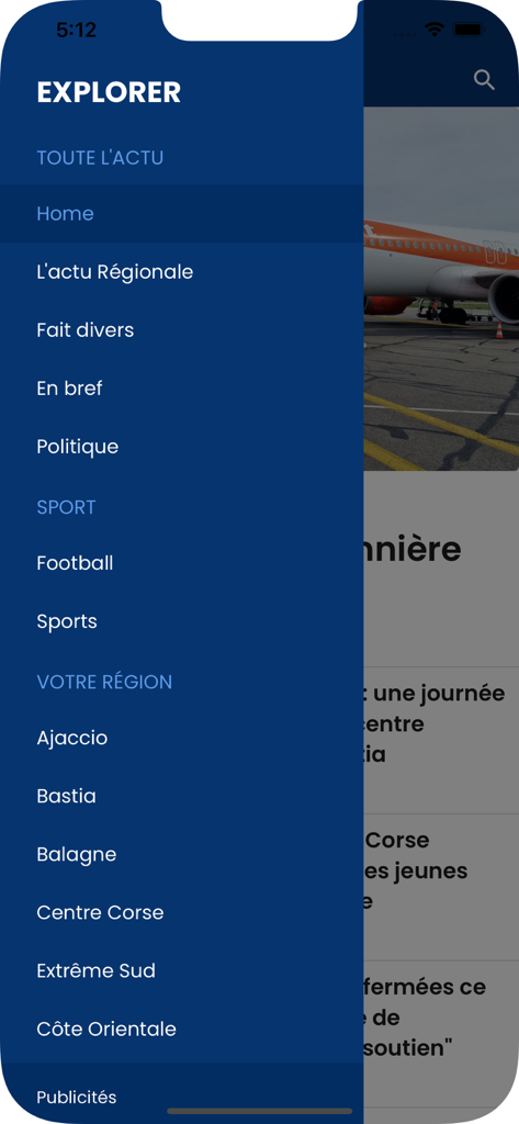 Explorer menu of the Corse Net Infos app featuring regional news categories and sports sections.