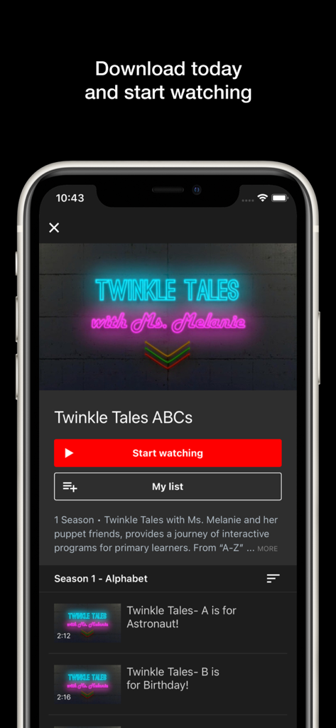 BES TV - BES TV app interface showing Twinkle Tales ABCs educational series with start watching button and episode list.