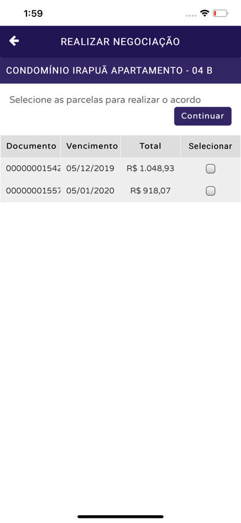 Una pantalla de la aplicación Garante Curitiba que muestra una lista de cuotas de condominio pendientes para negociación