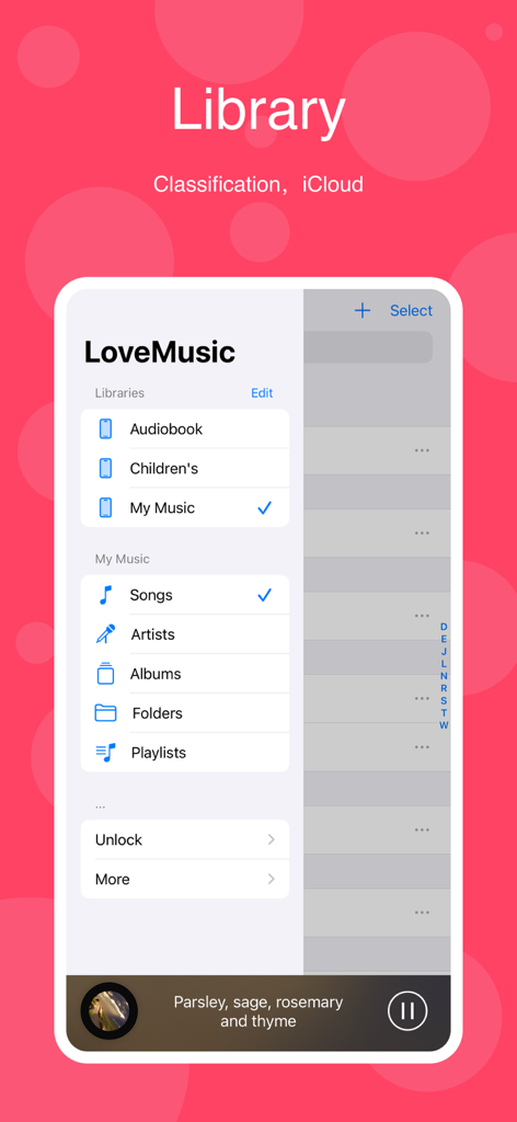 LoveMusic Player - Local Play - LoveMusic app library interface on iPhone displaying different music libraries like Audiobooks and My Music with navigation options for songs and artists.