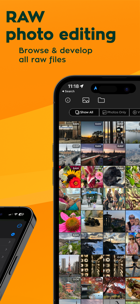 Radiant: AI Photo&Video Editor - Radiant app interface showing a gallery of RAW photo files for editing