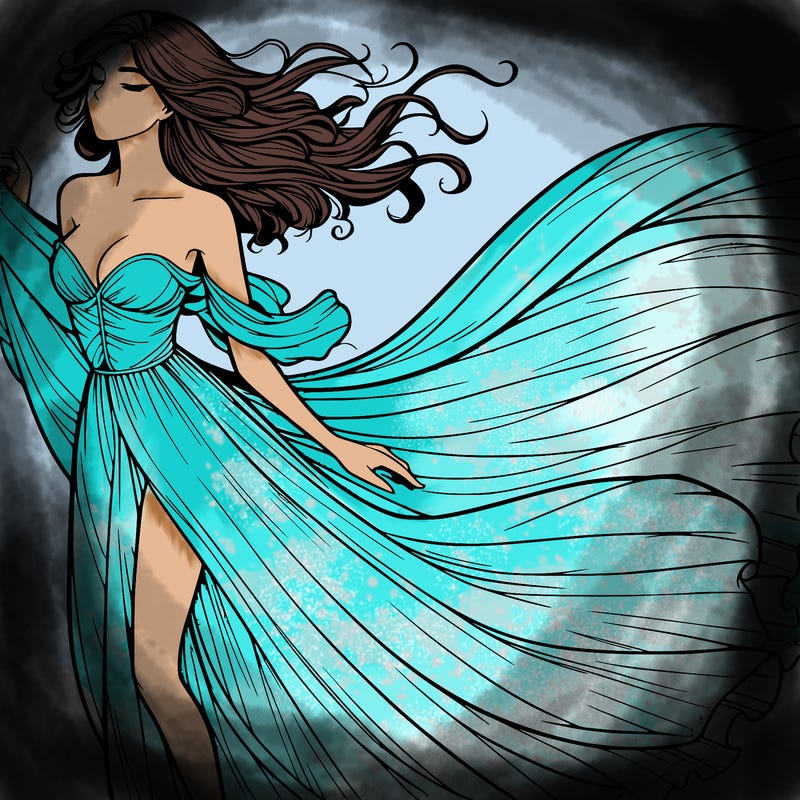 realistic woman in dress flowing the the wind