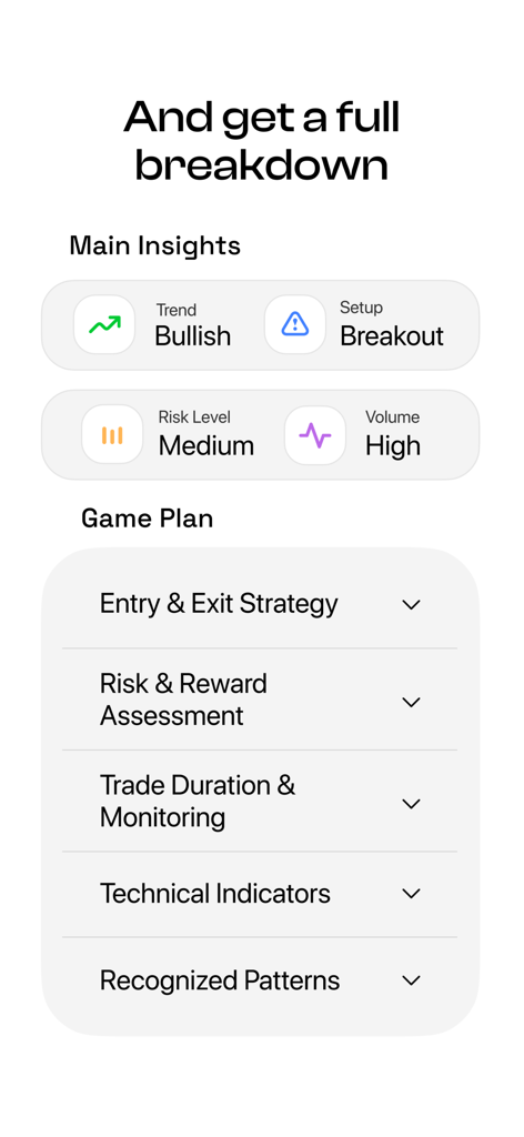 Market AI - Trading Ideas - Market AI App-Bildschirm mit bullischen Trend-Einblicken und einem detaillierten Trading-Spielplan.