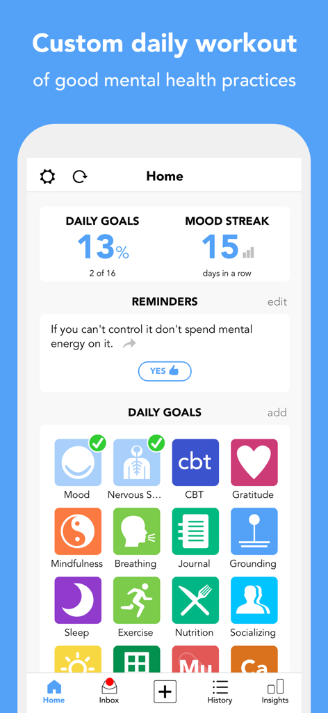 毎日のメンタルヘルスの目標、気分の継続記録、CBTやマインドフルネスなどのウェルネス活動のツールキットを表示するMoodfitアプリのホーム画面