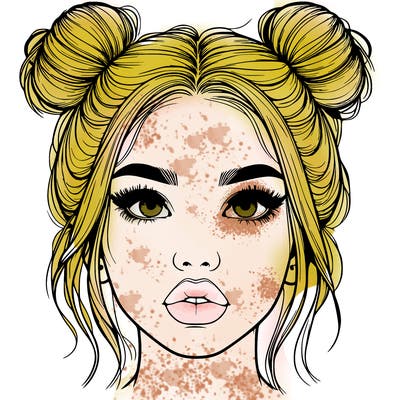 realistic girl with two buns on her hair and lips