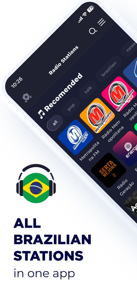 Radio Brazil app interface displaying a list of recommended Brazilian radio stations