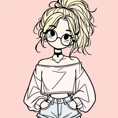 girl with a messy ponytail glasses a baggy crop top and jean shorts