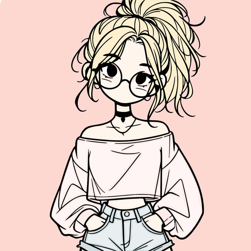 girl with a messy ponytail glasses a baggy crop top and jean shorts