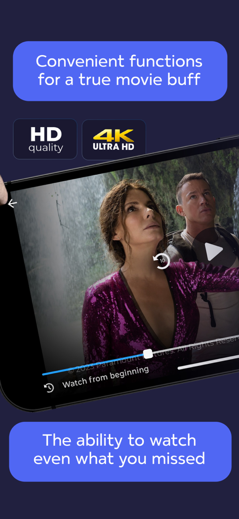 Kyivstar TV app interface showing movie playback with 4K Ultra HD quality and catch up features