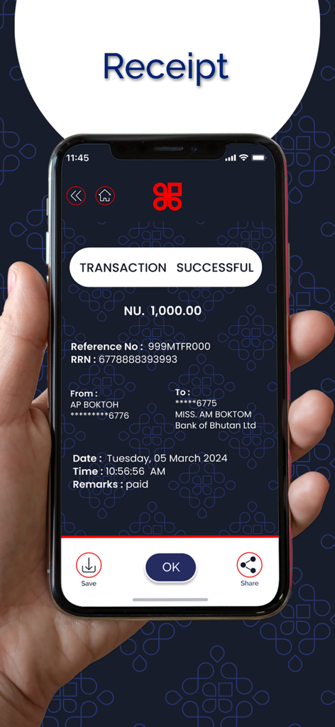 Recibo digital de una transferencia de fondos exitosa en la aplicación de banca móvil BNB MPay que muestra los detalles de la transacción y el monto.
