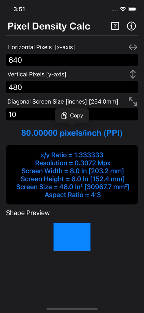 Pixel Density Calculator - ピクセル密度計算機インターフェイス。PPIと画面解像度の結果を表示しています。