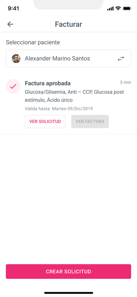 Ecrã da aplicação móvel para faturação de exames laboratoriais na aplicação Amadita mostrando uma fatura aprovada.