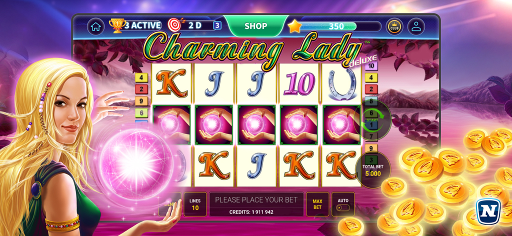 Gameplay screenshot of the Charming Lady Deluxe slot machine in the GameTwist online casino app