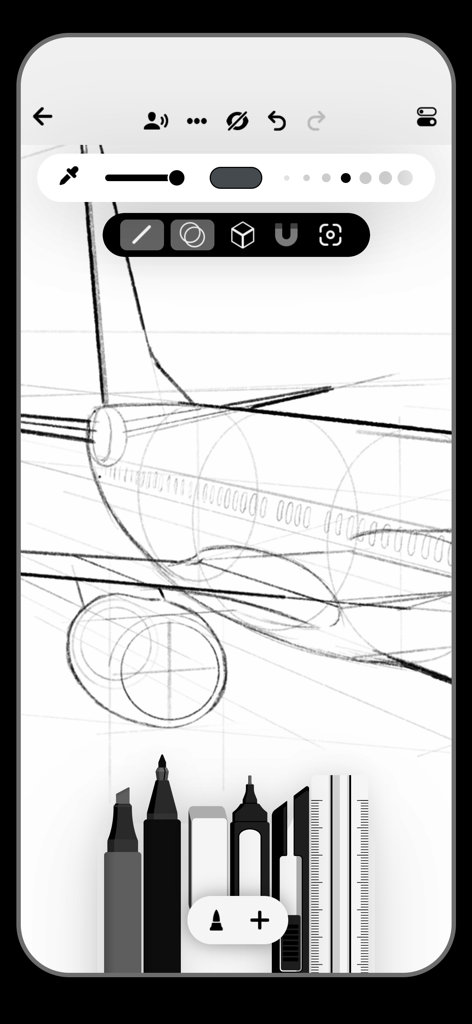 Flow: Note Taking, Drawing Pad - A technical airplane sketch in the Flow drawing app with various digital pens and tools