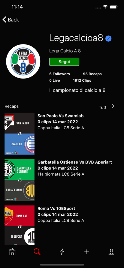 Liverecap - Interfaz de la aplicación Liverecap que muestra la página de perfil de una liga de fútbol con los mejores momentos y resúmenes de partidos.