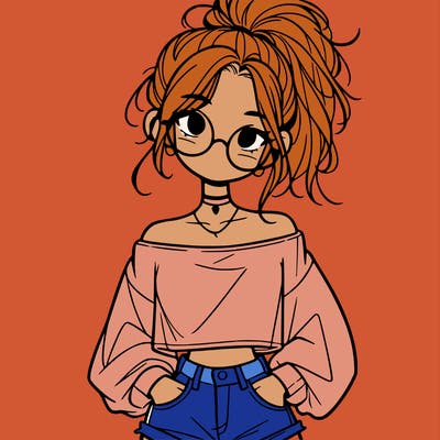 girl with a messy ponytail glasses a baggy crop top and jean shorts