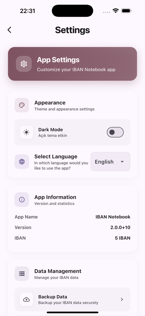 IBAN List - Pantalla de configuración de Lista IBAN que muestra opciones de personalización, selección de idioma y gestión de datos.