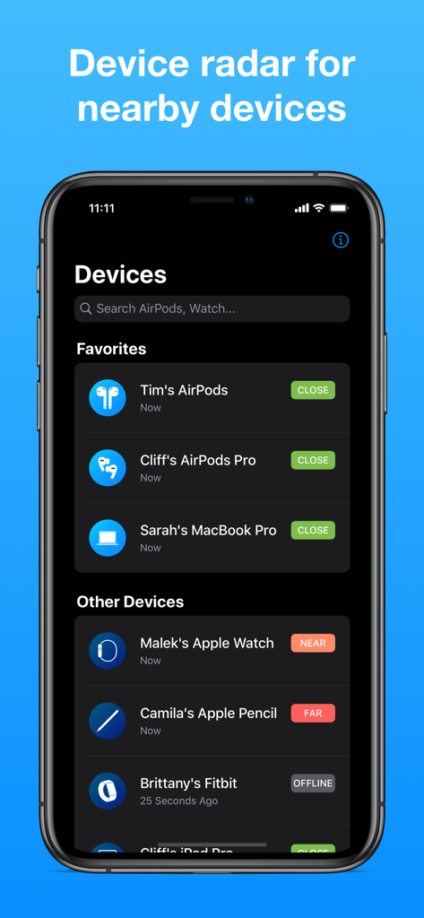 Tela do aplicativo Find My Bluetooth Device mostrando uma lista de dispositivos rastreados próximos e seu status de proximidade.
