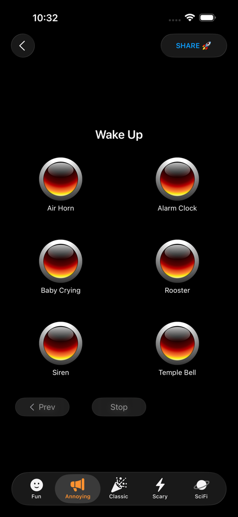 Sound Effects Boards Pro - Interface of the Wake Up soundboard showing buttons for air horn and alarm clock sounds