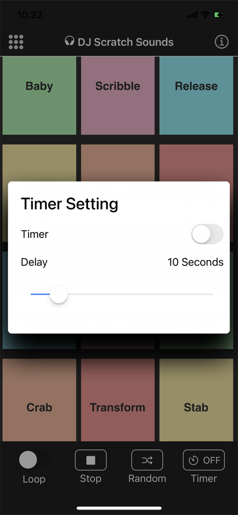 DJ Scratch Sound Effect - DJ Scratch Sound Effect app interface showing the timer setting popup to schedule sounds