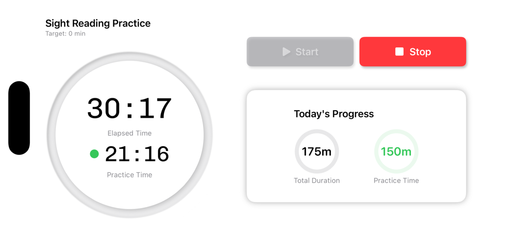 PianoForte: Practice Companion - Interfaz de seguimiento de práctica de piano en modo horizontal que muestra el tiempo transcurrido frente al tiempo real de ejecución para una sesión de lectura a primera vista