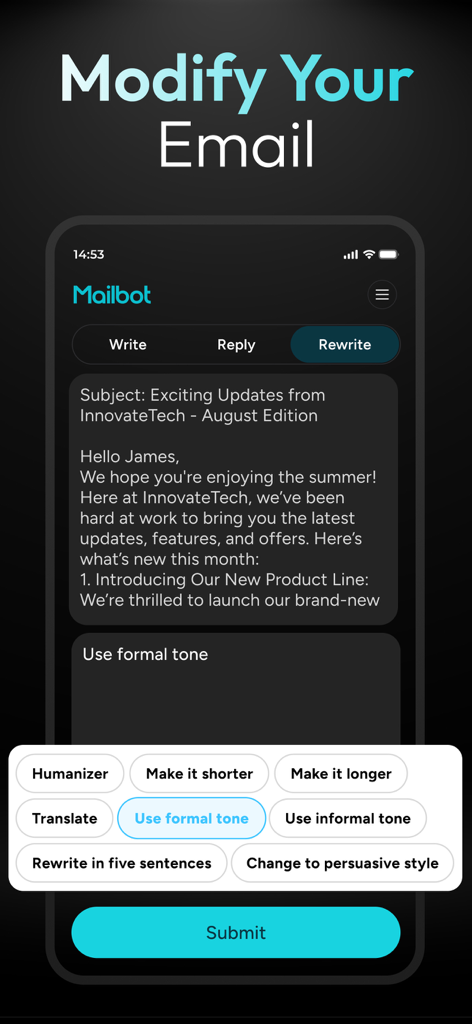 Mailbot - AI Email Writer - Mailbot app screen showing AI options to rewrite and change the tone of an email.