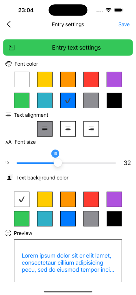 My garden year - Customization screen for font and color settings in the My garden year app