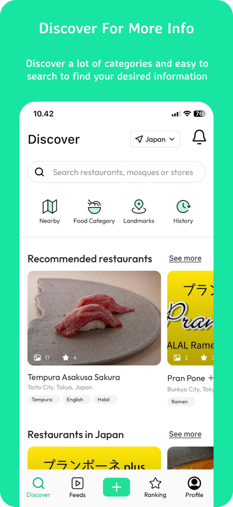Halal Navi - Discover interface of Halal Navi app for finding halal food and mosques.
