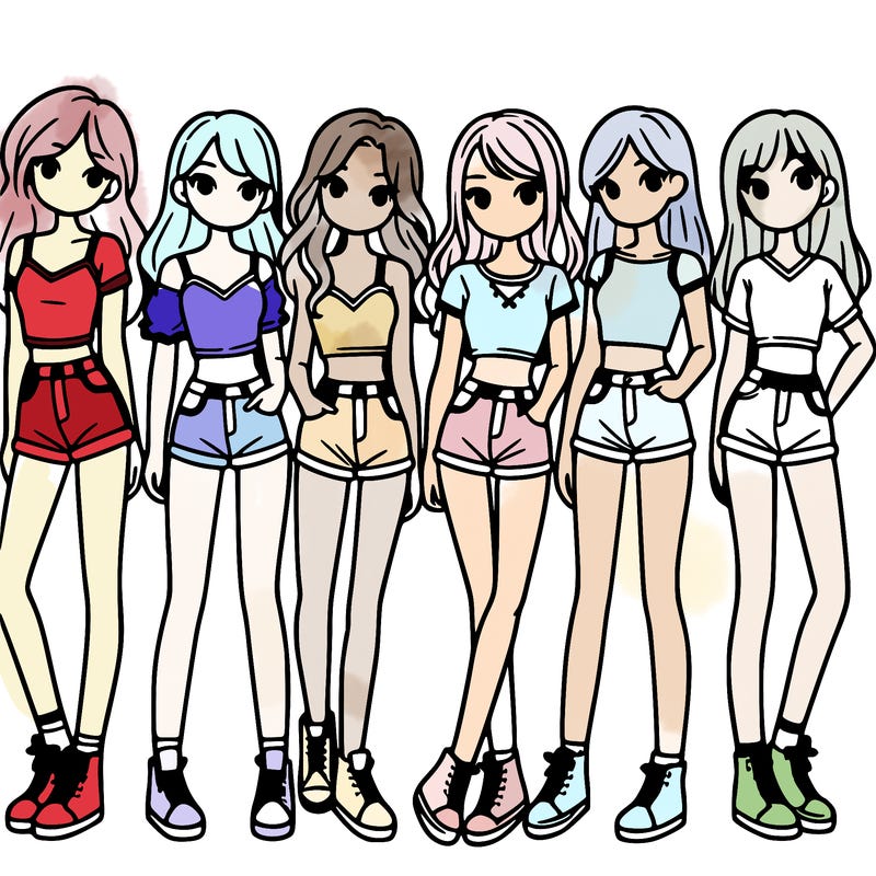 a group of girls wearing crop tops and shorts