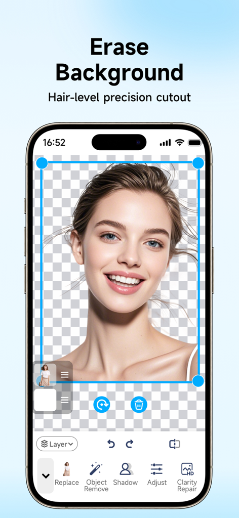 Background Remover - Erase BG - 女性のポートレートと高精度な背景切り抜きおよび透明な背景が表示されたモバイルアプリインターフェイス