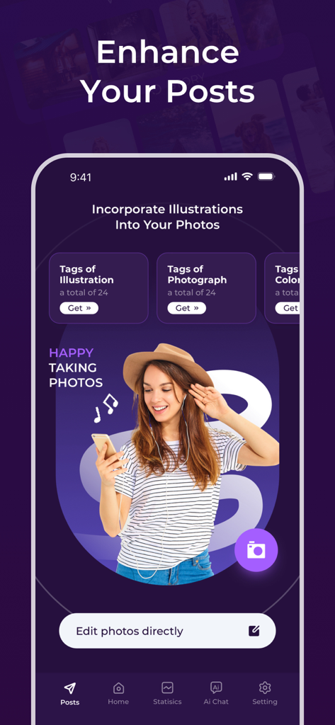 Unfollowers: Followers Tracker - A mobile interface showing photo editing tools and illustration tags for Instagram posts.