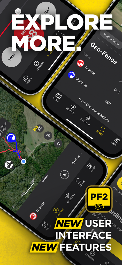 Dogtra PATHFINDER2 app interface showcasing GPS dog tracking maps and geo-fence settings