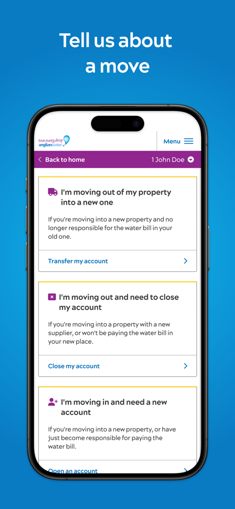 Anglian Water MyAccount - Anglian Water MyAccount mobile app screen displaying options to transfer close or open an account when moving property.