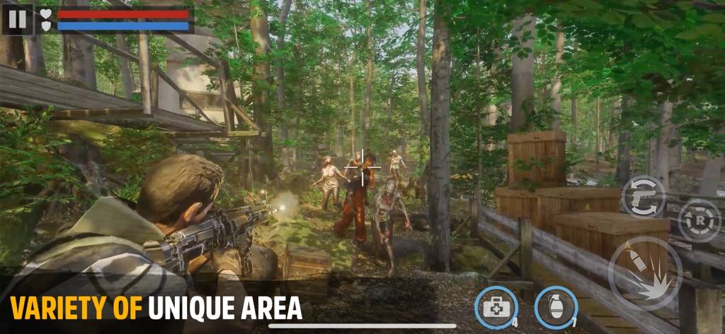 A first person shooter gameplay scene in Dead Target featuring a player aiming an assault rifle at zombies in a forest environment