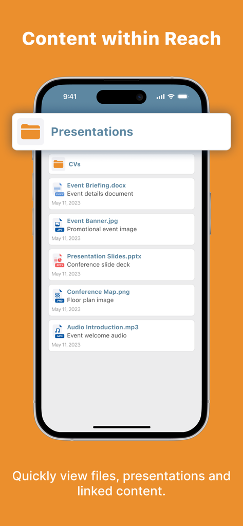 AMTConnect - AMTConnect app interface showing a list of accessible conference resources including presentation slides documents and event maps