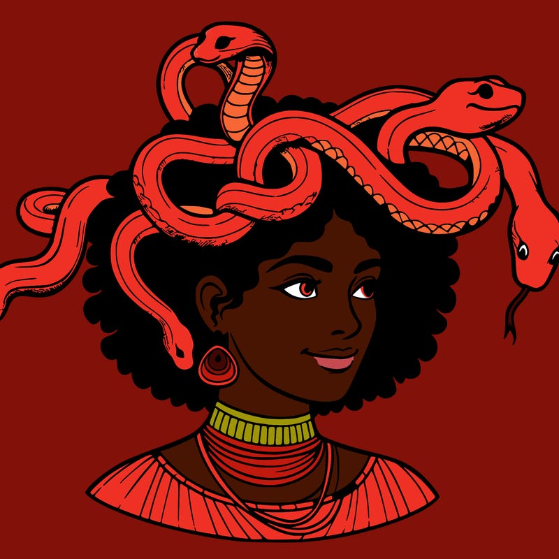 realistic woman snakes on head
