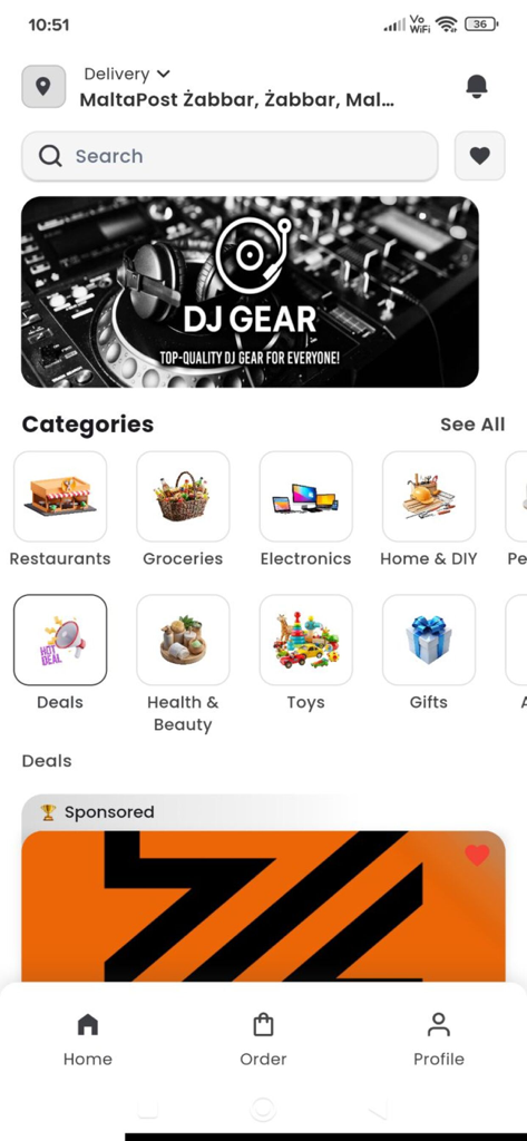 Buzz MT - Home screen of the Buzz MT app featuring shopping categories and a search bar for fast delivery.