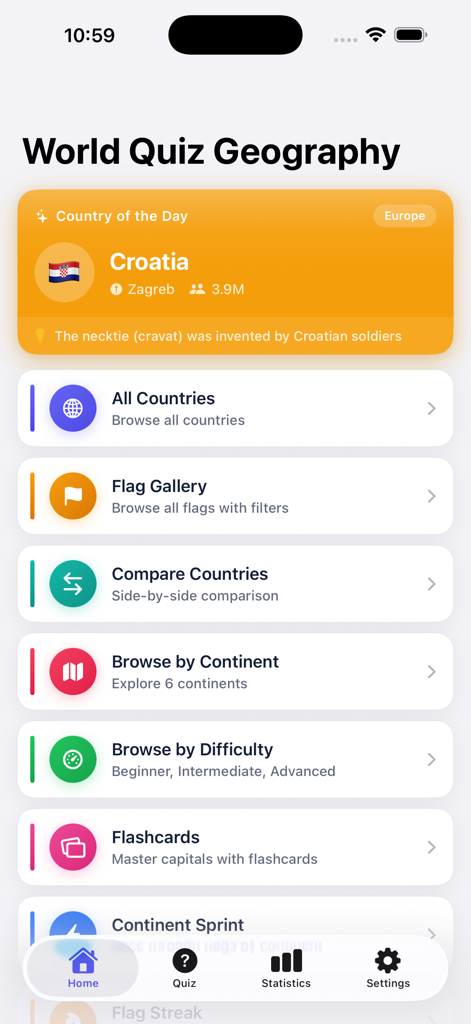 Geography Games. - The home interface of the Geography Games app featuring a daily country highlight and various learning modes