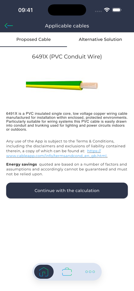 CableApp - Pantalla de CableApp mostrando especificaciones técnicas para cable de conducto de PVC 6491X