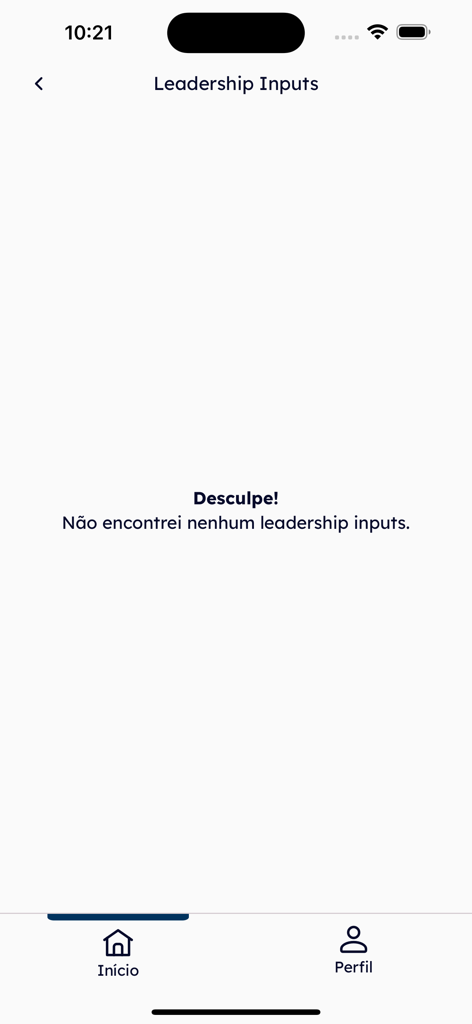 MySpace - Screenshot of the Leadership Inputs screen in the MySpace app showing an empty state message in Portuguese.