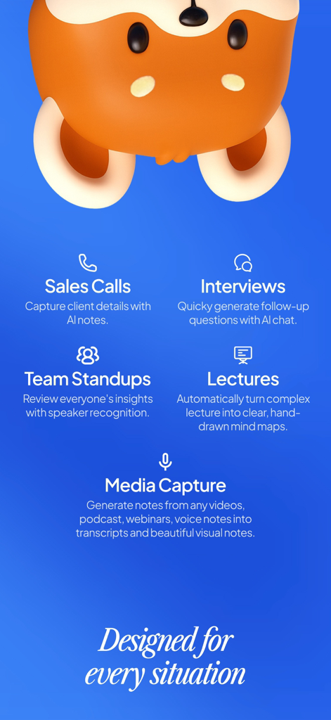 A visual overview of Meeting.ai features for sales calls interviews team standups and lectures